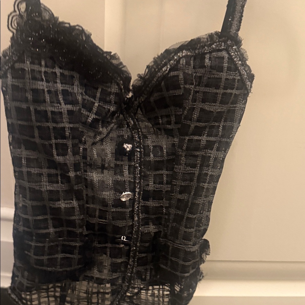 Black Checked Lace-Trim Bustier Camisole